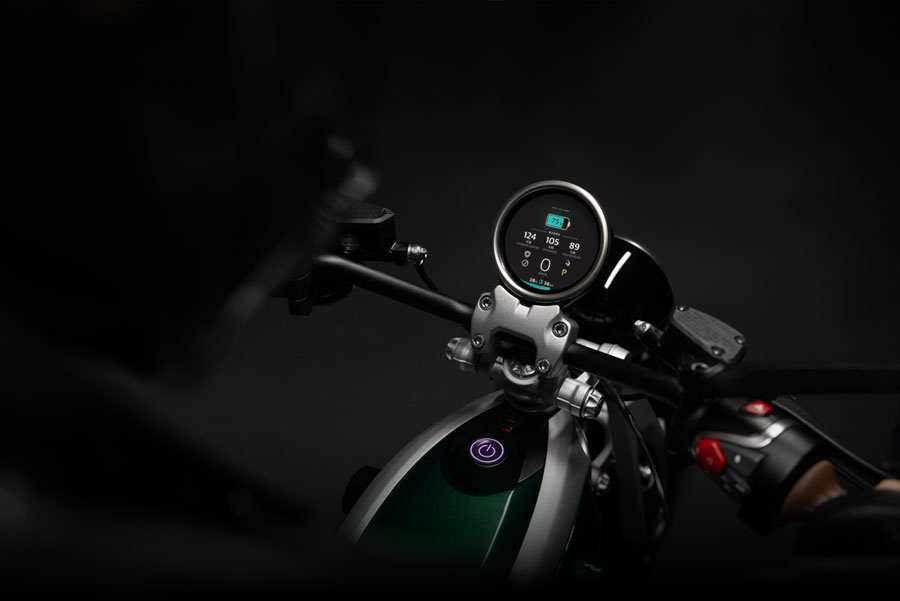 Flying Feal Electric Motorbike odometer close-up in dim lighting