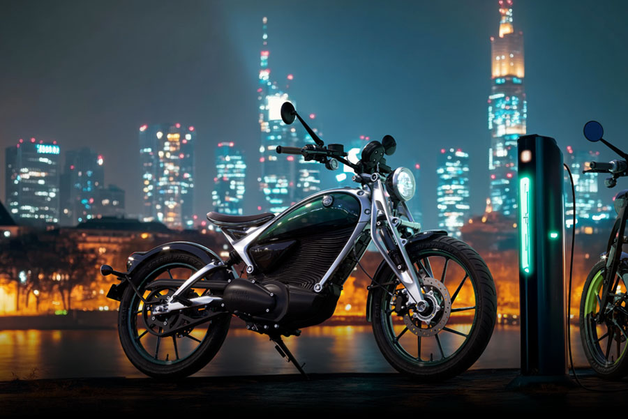 Flying Flea C6 Electric Motorbike showcased in dramatic angle with night view